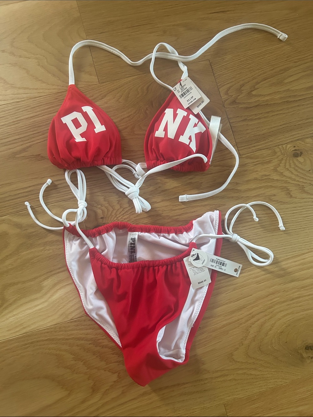 PINK Victoria's Secret Red Triangle Bikini with White Ties